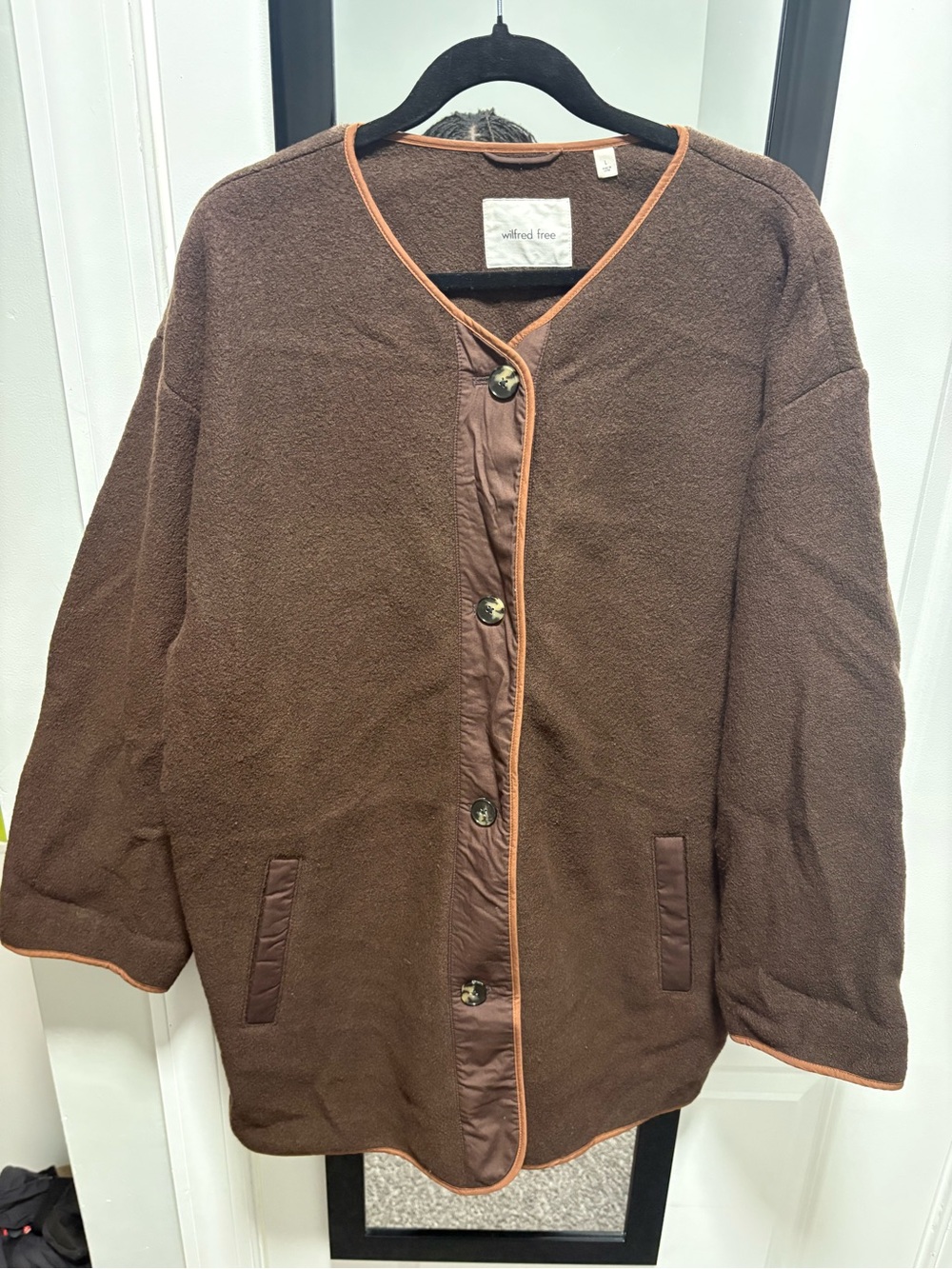 Wilfred Brown Teddy Jacket with Contrast Trim
